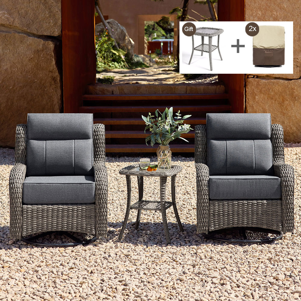 TARN Outdoor Wicker Swivel Glider Chairs with Side Table