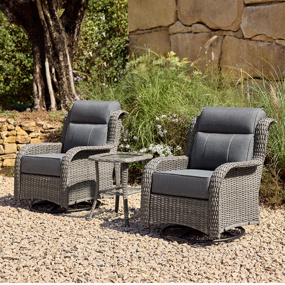 Patio Wicker Swivel Glider Chairs Set with Customizable Ottoman & Side Table