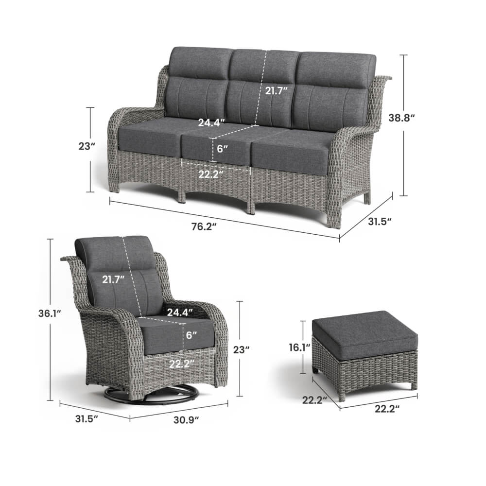 TARN Outdoor Wicker Sofa Set With Swivel Chairs