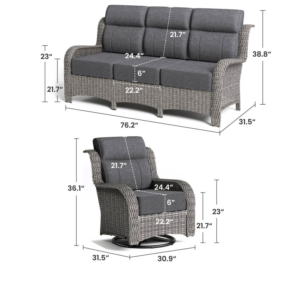 TARN Outdoor Wicker Sofa Set With Swivel Chairs