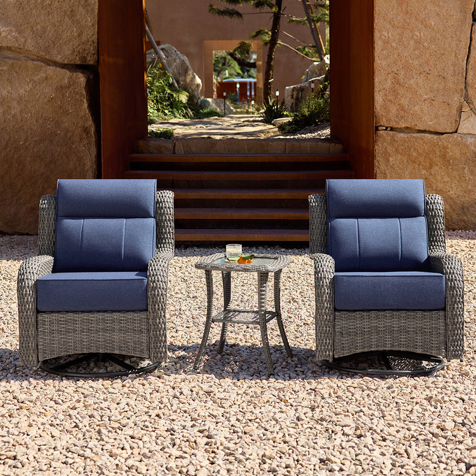 Patio Wicker Swivel Glider Chairs Set with Customizable Ottoman & Side Table
