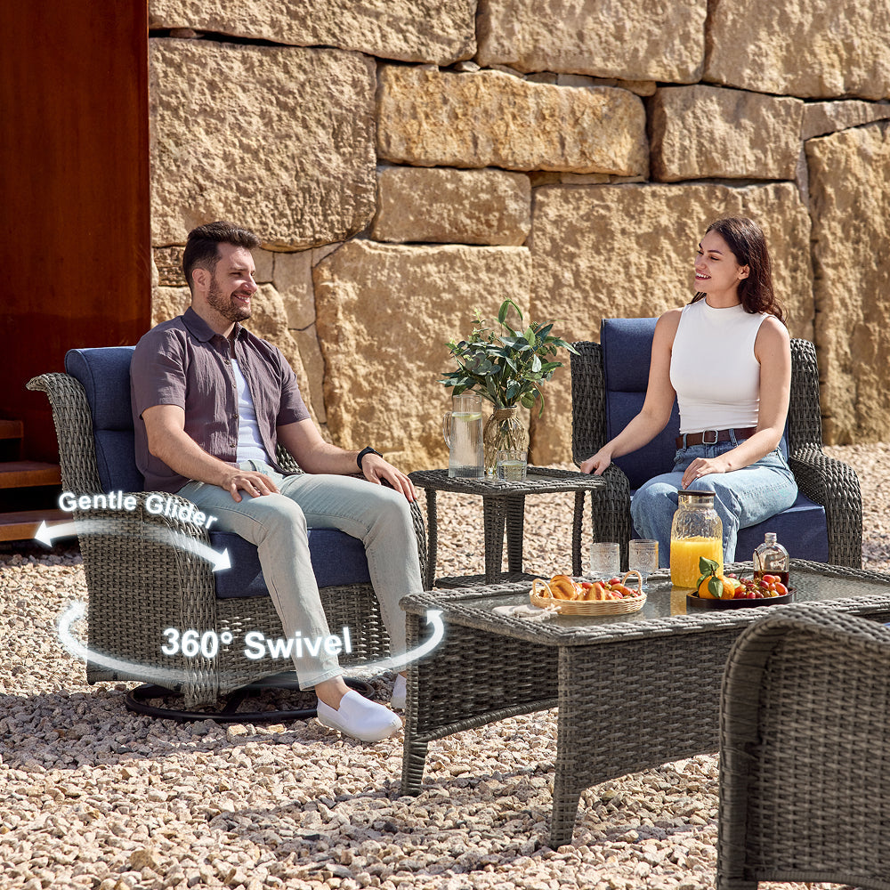 Patio Wicker Swivel Glider Chairs Set with Customizable Ottoman & Side Table