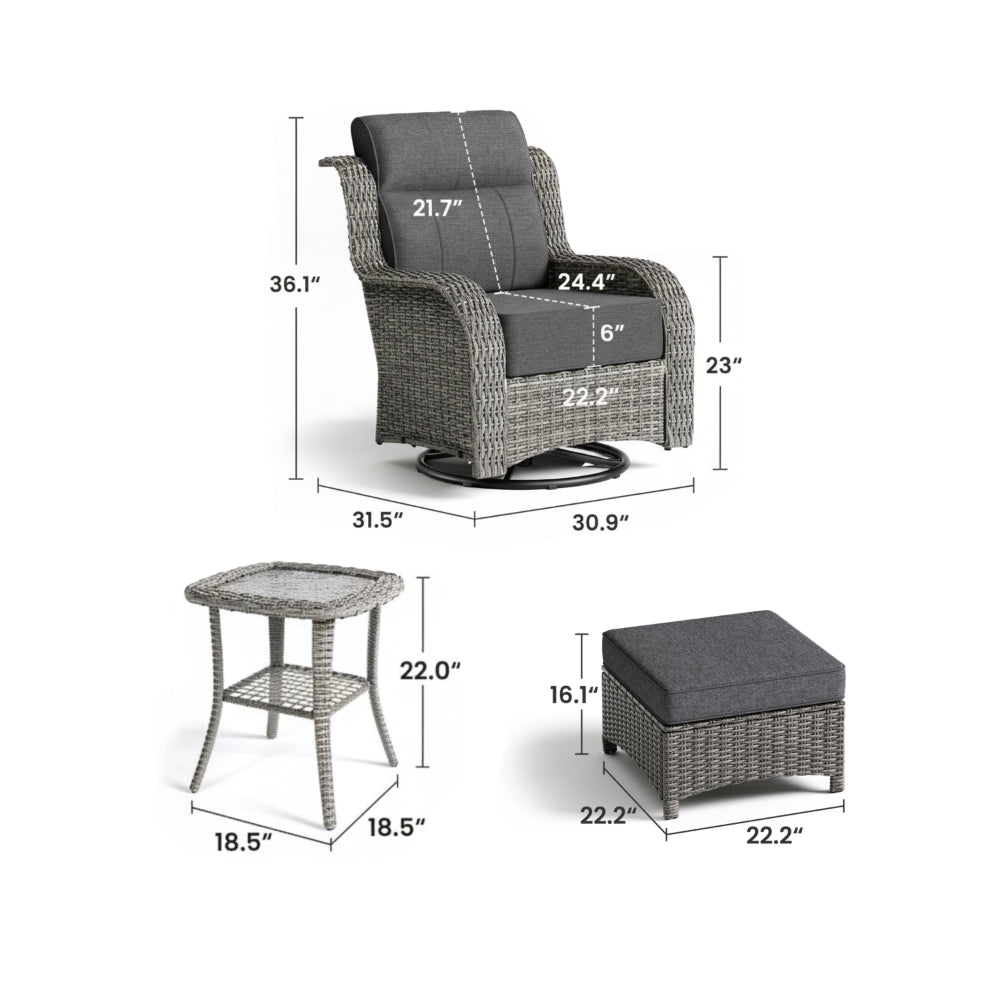 Patio Wicker Swivel Glider Chairs Set with Customizable Ottoman & Side Table