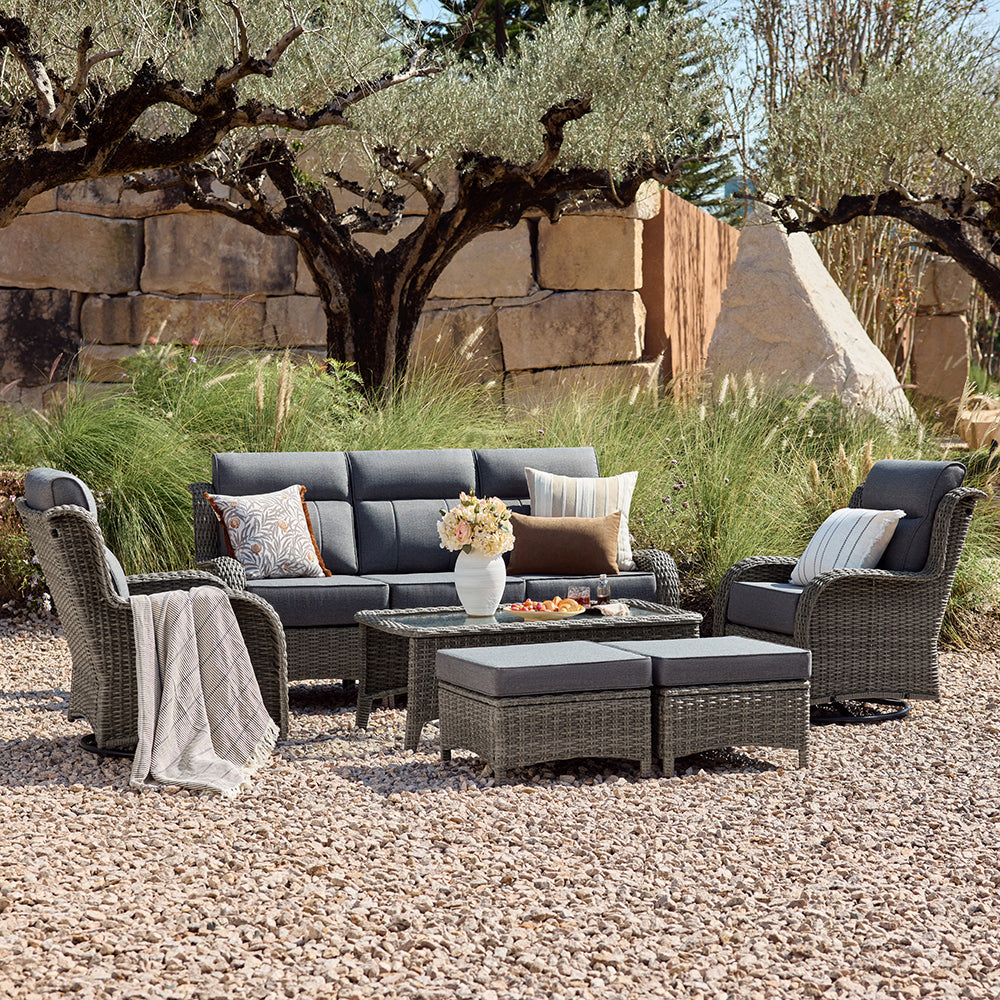 Patio Wicker Swivel Glider Chairs Set with Customizable Ottoman & Side Table