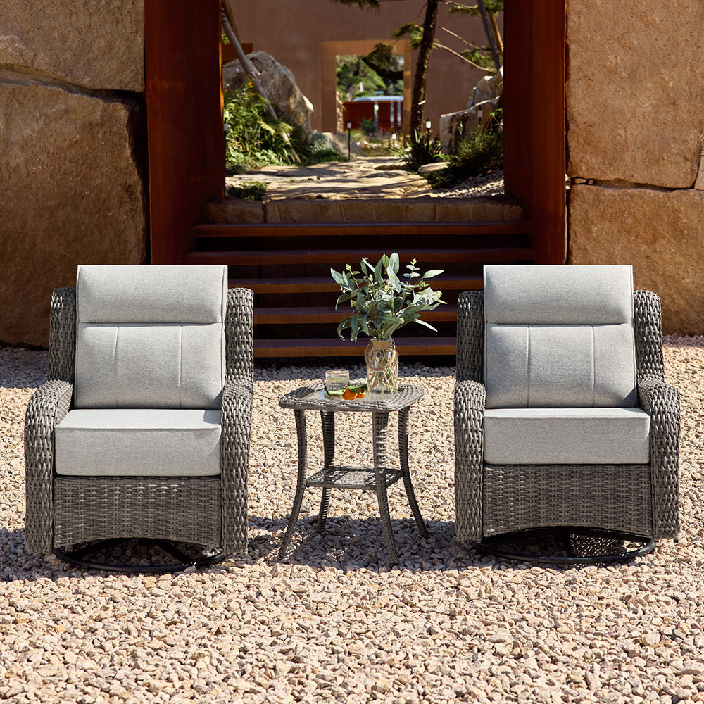 Patio Wicker Swivel Glider Chairs Set with Customizable Ottoman & Side Table