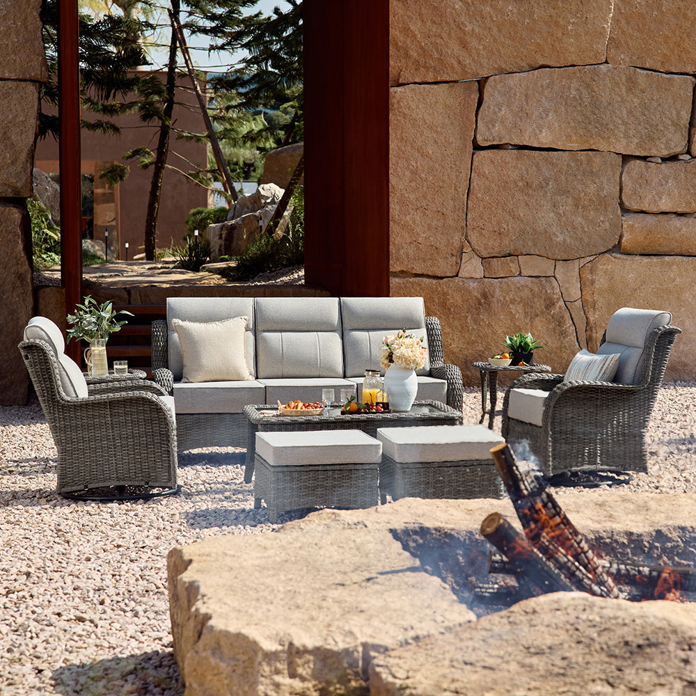 Patio Wicker Swivel Glider Chairs Set with Customizable Ottoman & Side Table