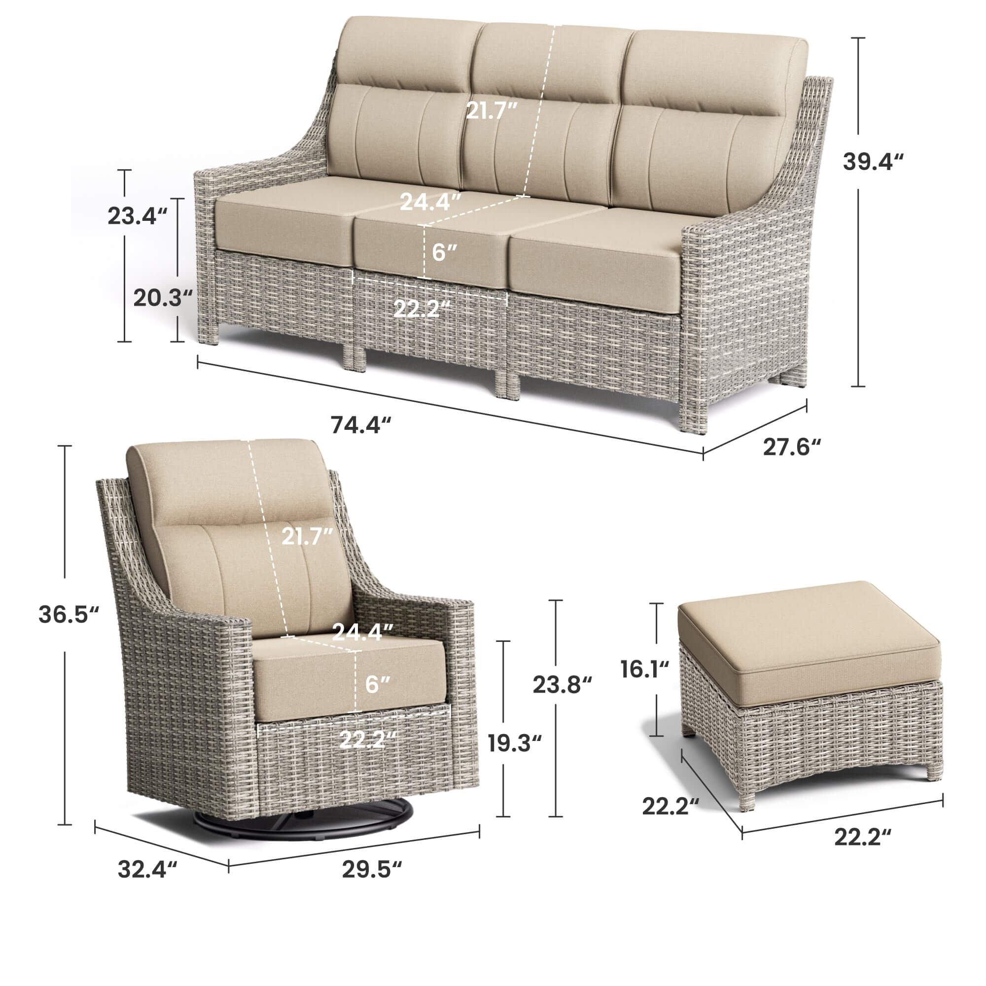 NEVE Outdoor Wicker 6 Piece Sofa Set With Coffee Table