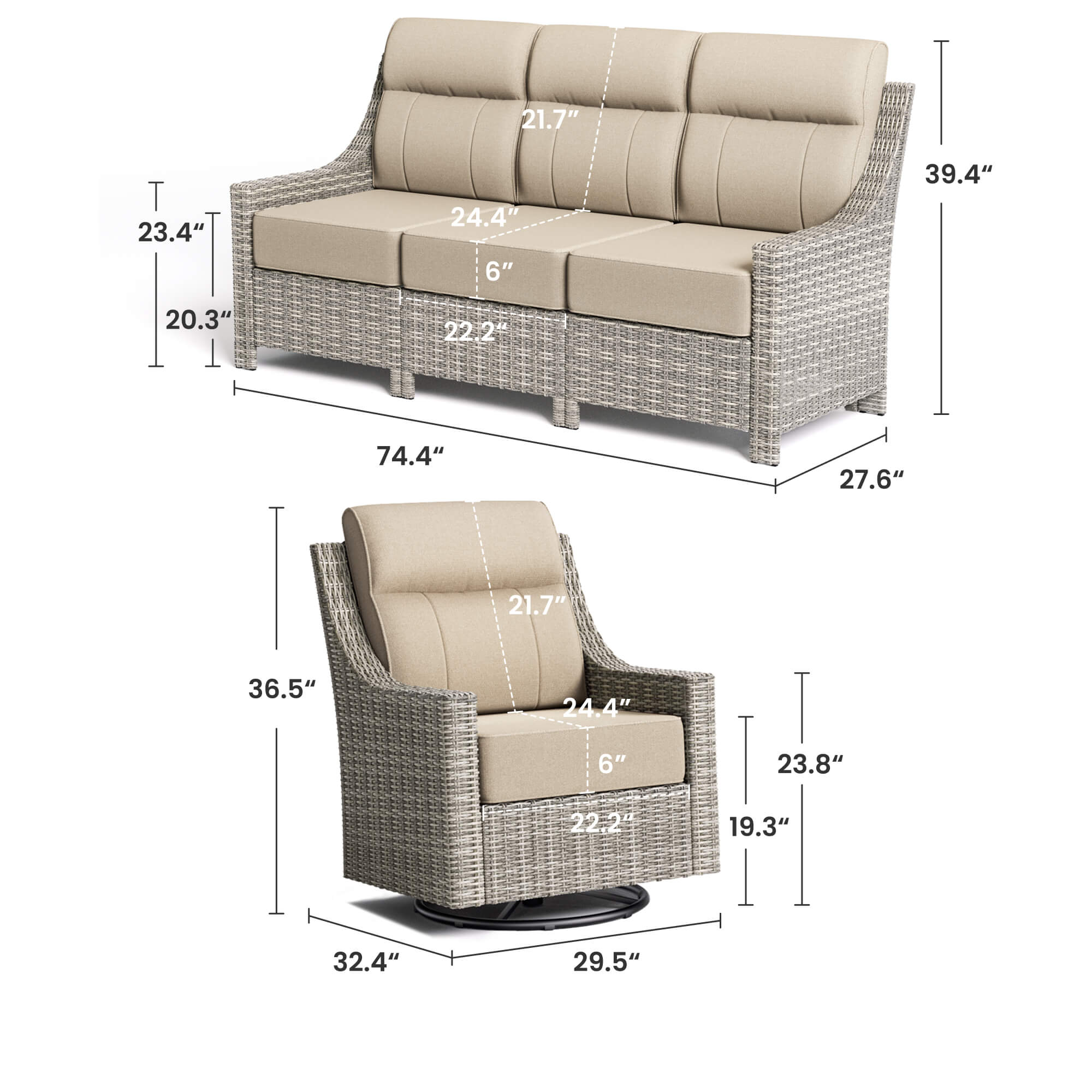 NEVE 3-Piece Wicker Sofa Set with Swivel Chairs