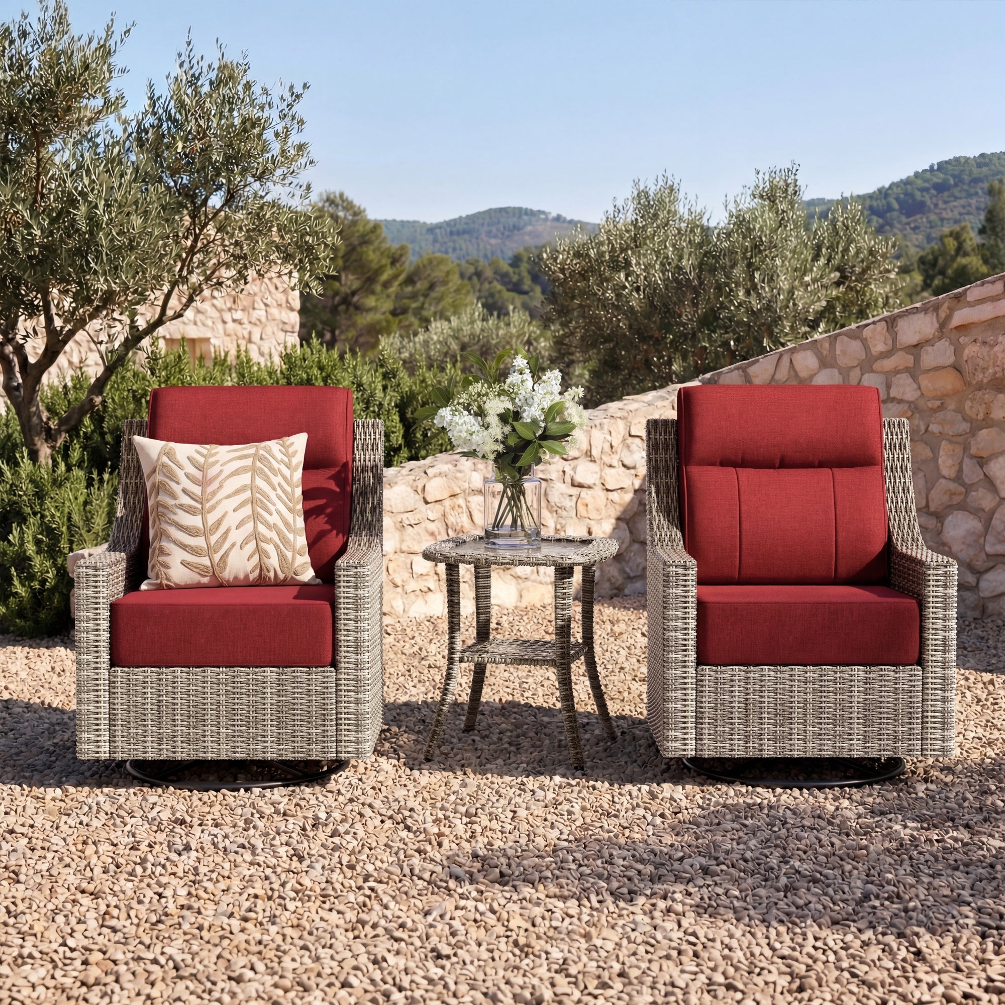 Patio Wicker Swivel Glider Chairs Set with Customizable Ottoman & Side Table