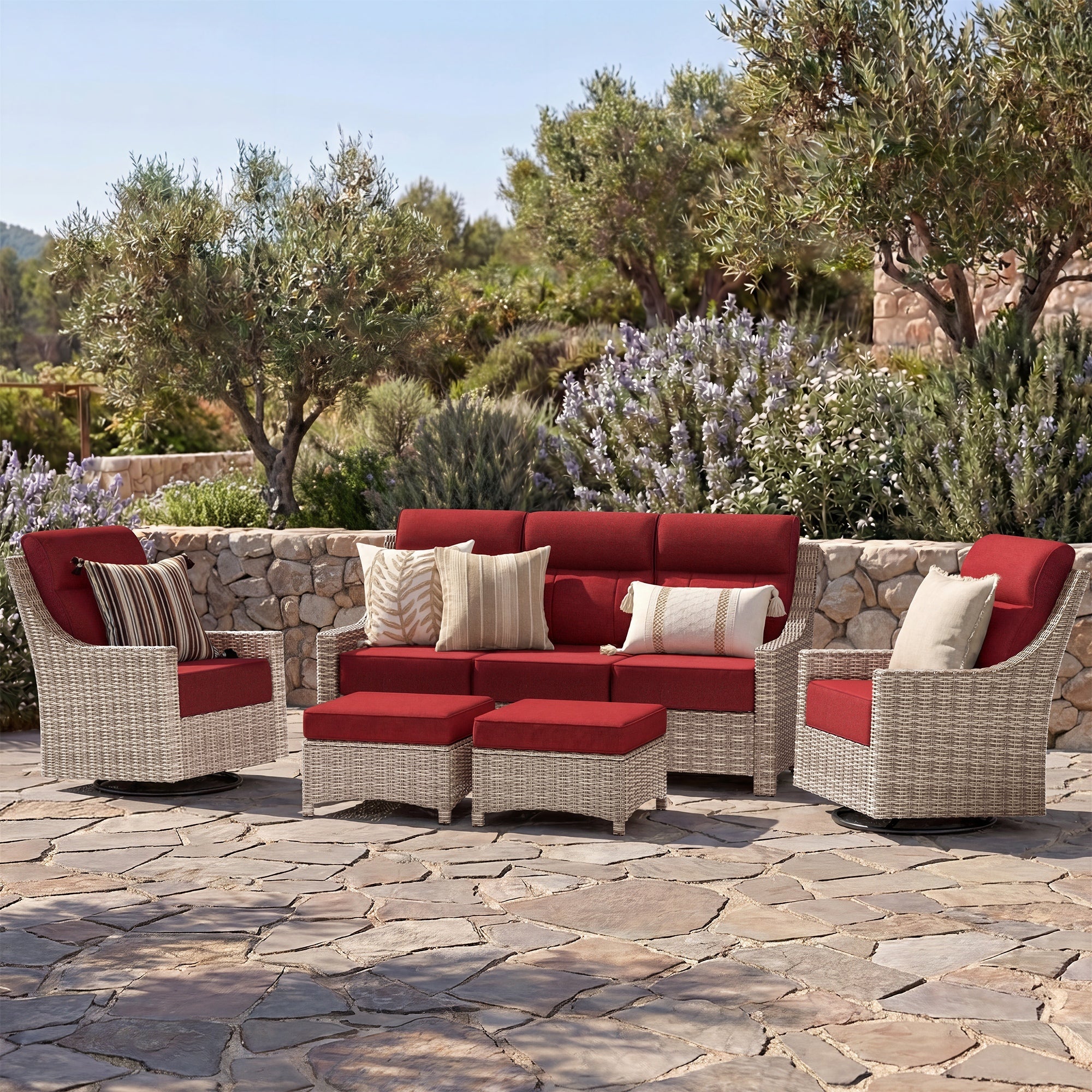 Patio Wicker Swivel Glider Chairs Set with Customizable Ottoman & Side Table