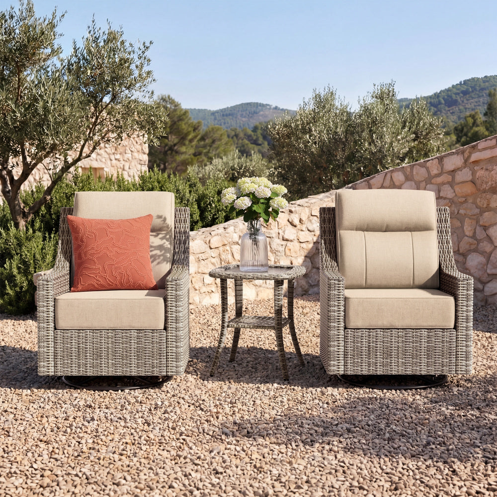 Patio Wicker Swivel Glider Chairs Set with Customizable Ottoman & Side Table