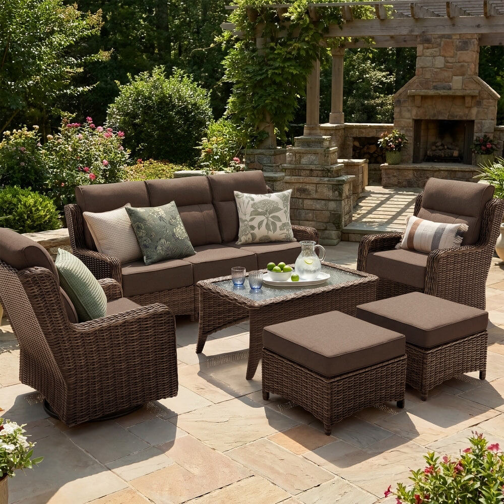 Outdoor Wicker Sofa & Swivel Glider Chairs Patio Furniture Set