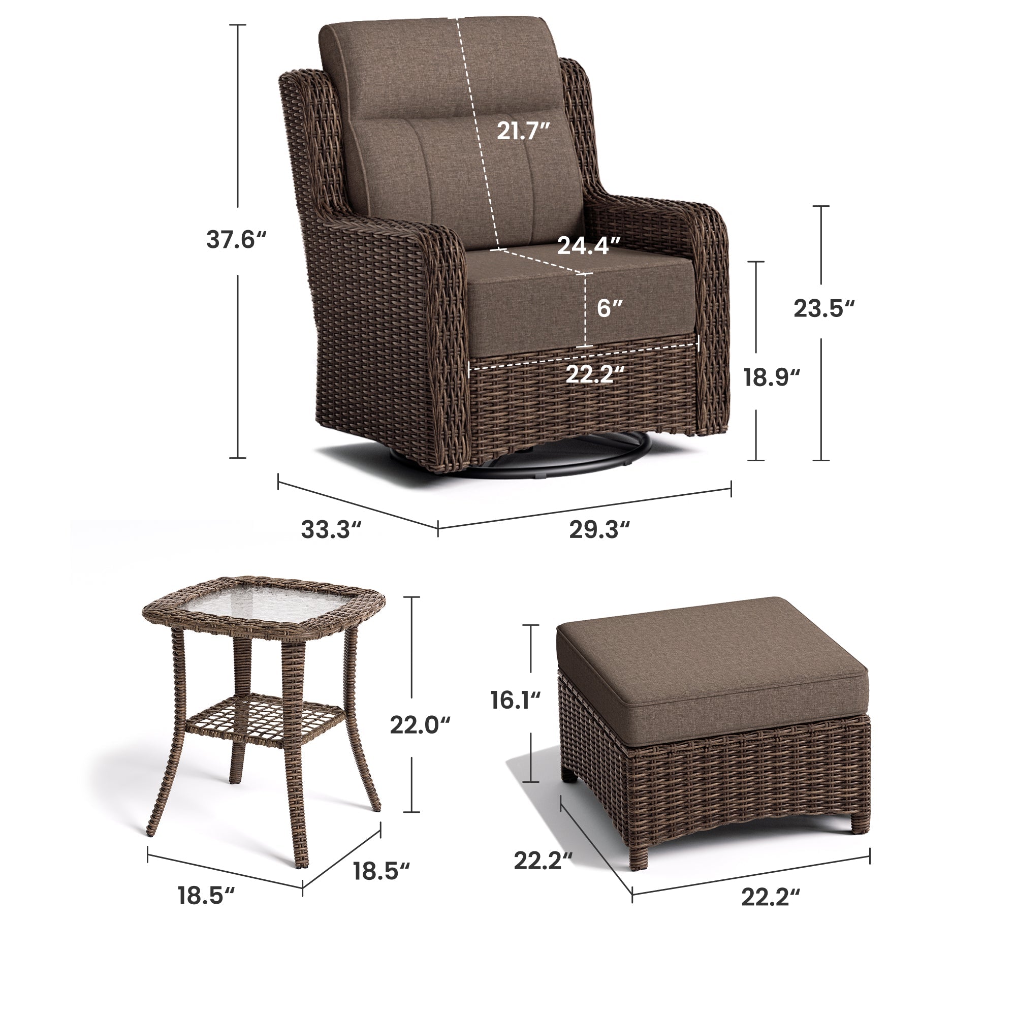 Patio Wicker Swivel Glider Chairs Set with Customizable Ottoman & Side Table