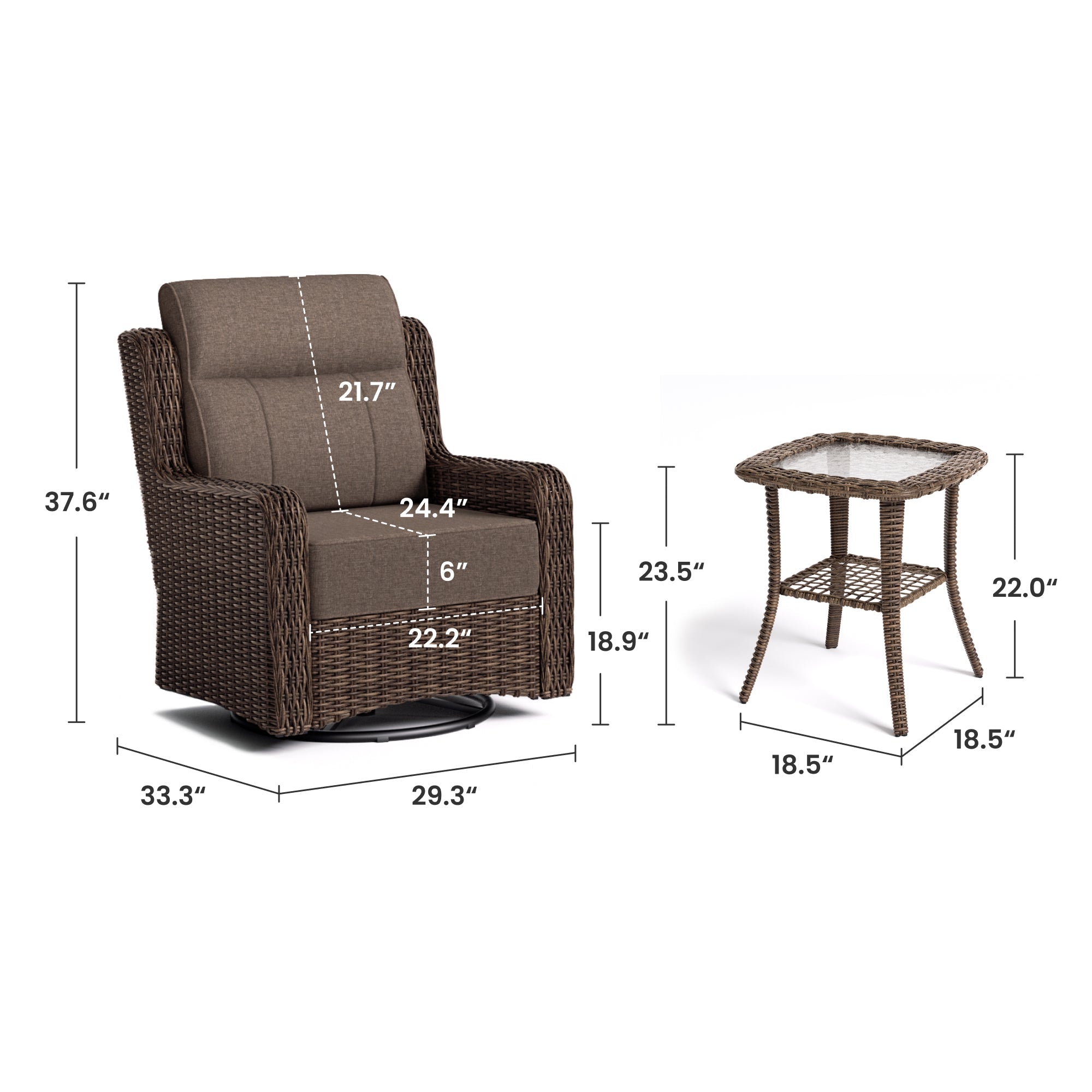 Patio Wicker Swivel Glider Chairs Set with Customizable Ottoman & Side Table