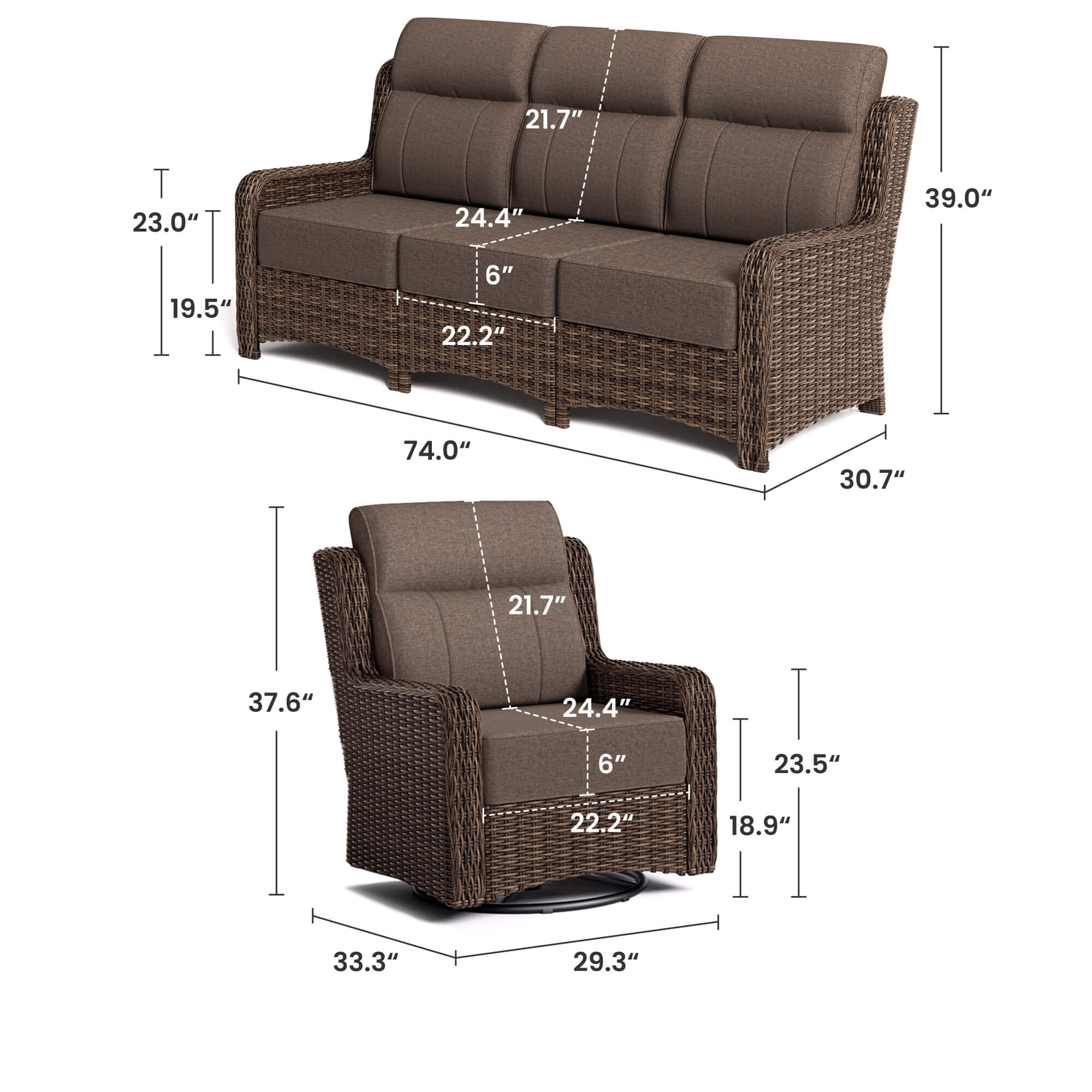 LOAM 3-Piece Wicker Sofa Set with Swivel Chairs