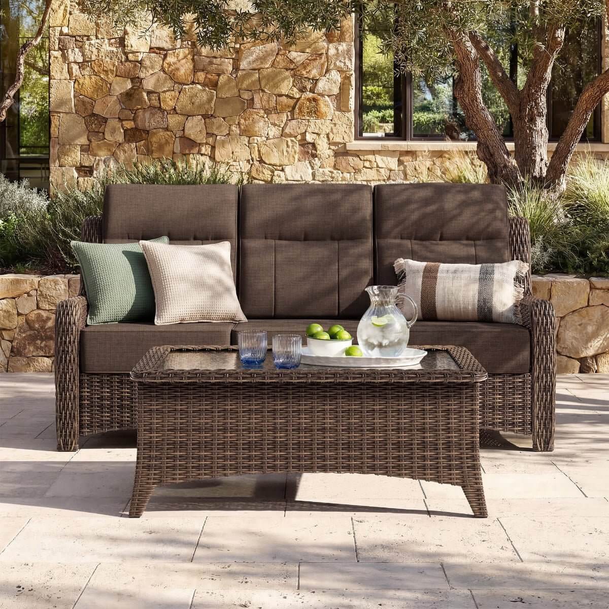 LOAM Outdoor Brown Wicker Sofa and Swivel Glider Chair Set