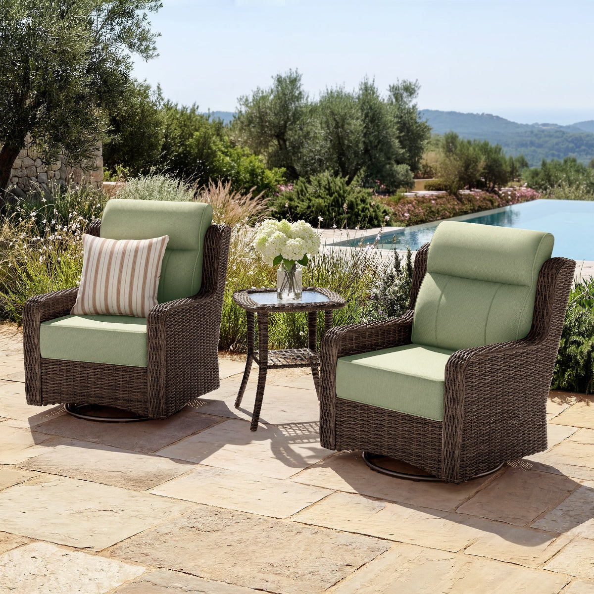 Patio Wicker Swivel Glider Chairs Set with Customizable Ottoman & Side Table