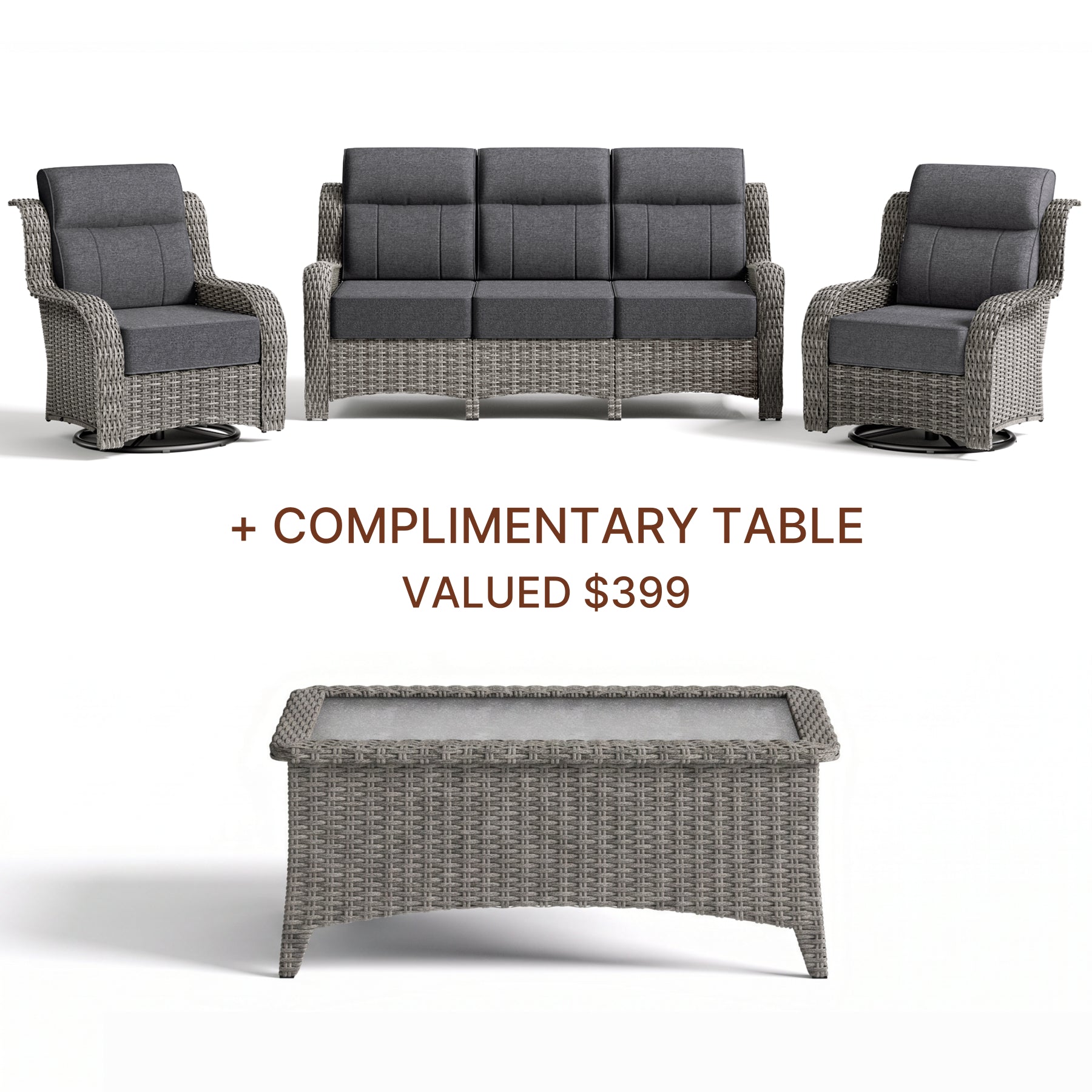 TARN Outdoor Dark Gray Wicker Sofa And Swivel Glider Chair Set