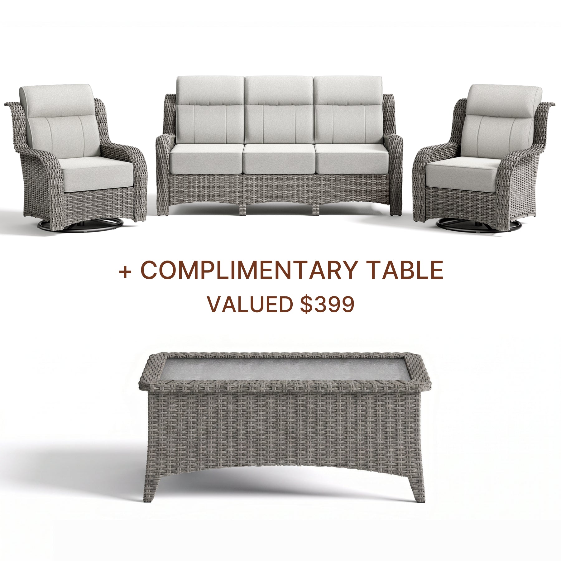 Outdoor furniture set with a sofa, two chairs, and a table on a white background.