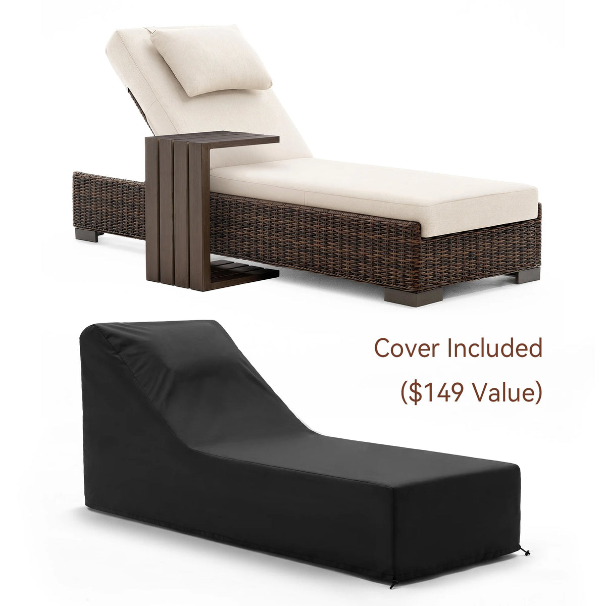 LOAM Outdoor Wicker Adjustable Chaise Lounge with Optional Cover & C-Shaped Side Table