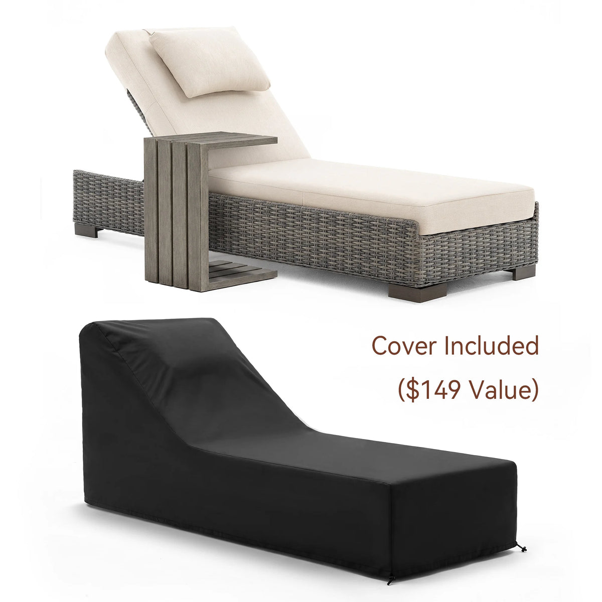 TARN Outdoor Wicker Adjustable Chaise Lounge with Optional Cover & C-Shaped Side Table