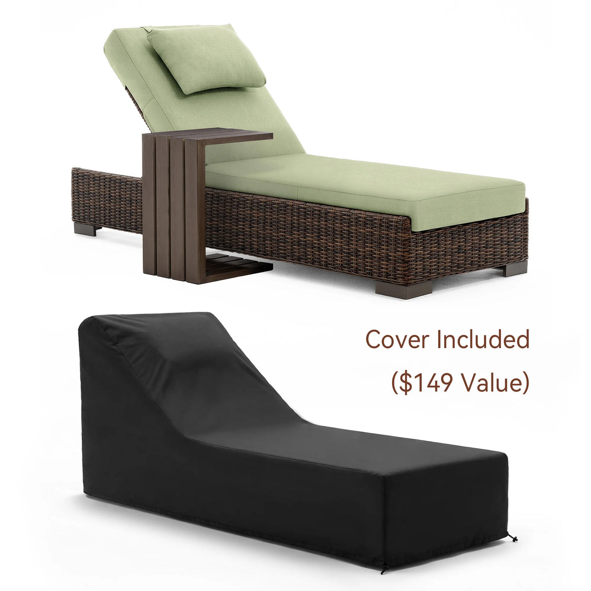 LOAM Outdoor Wicker Adjustable Chaise Lounge with Optional Cover & C-Shaped Side Table