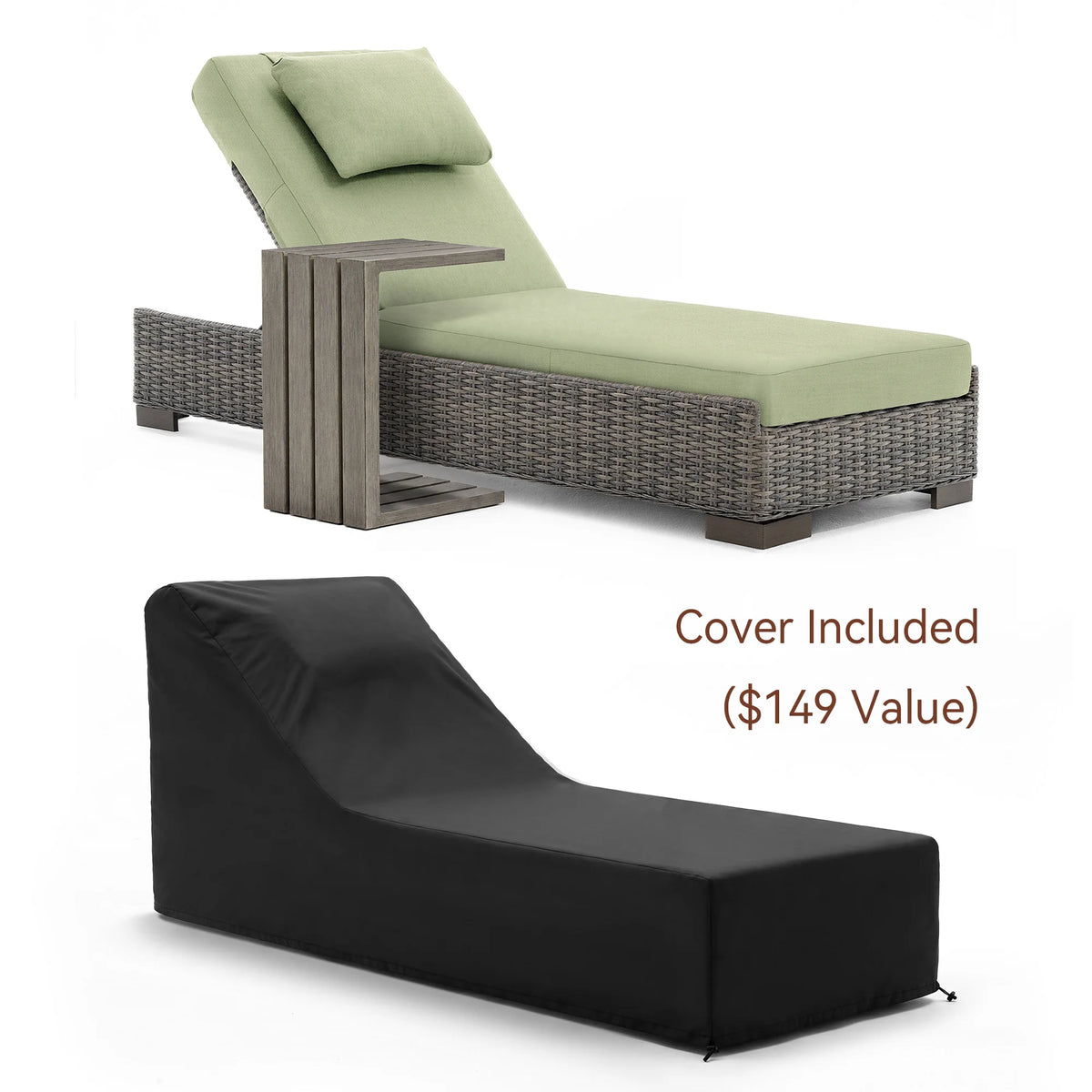 TARN Outdoor Wicker Adjustable Chaise Lounge with Optional Cover & C-Shaped Side Table