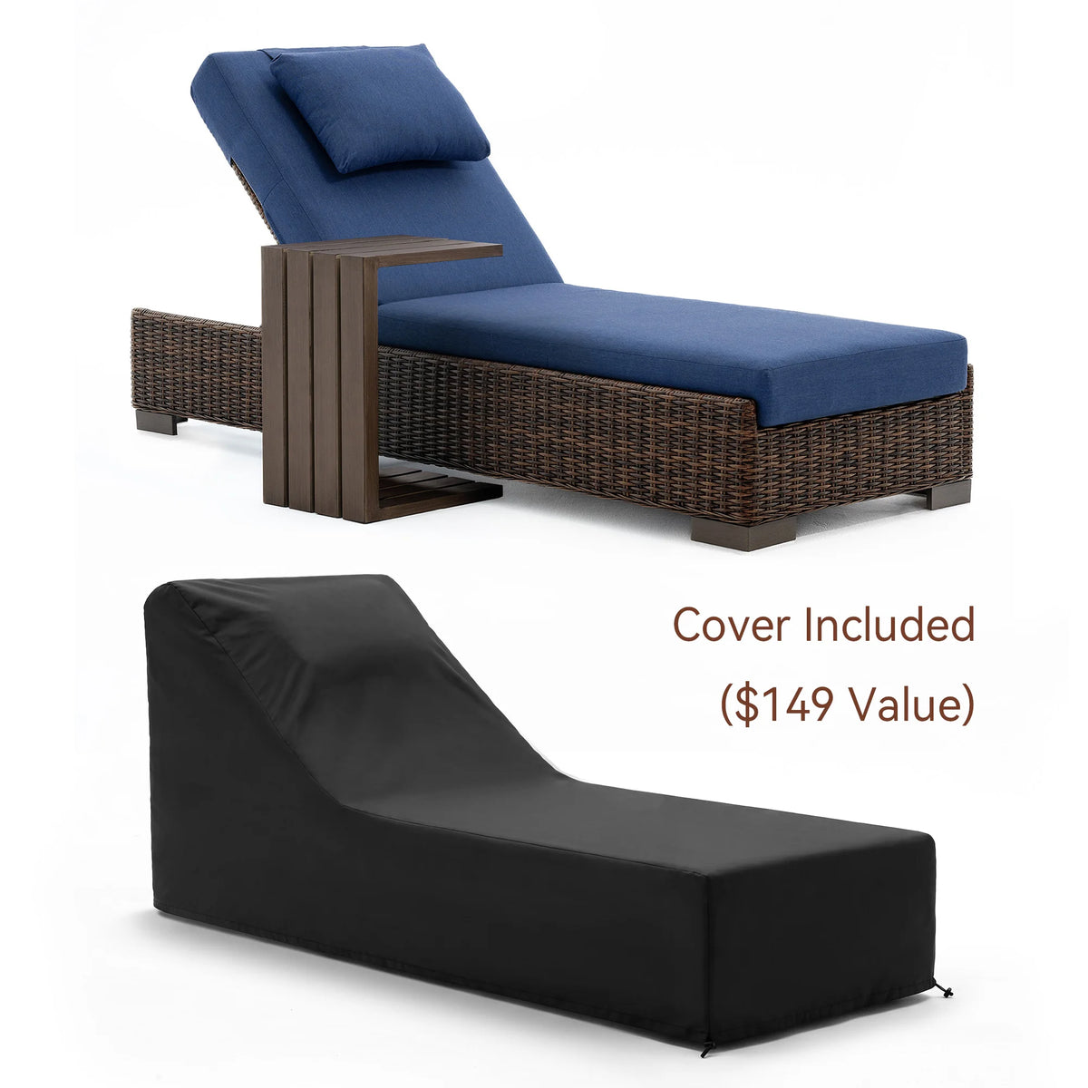 LOAM Outdoor Wicker Adjustable Chaise Lounge with Optional Cover & C-Shaped Side Table
