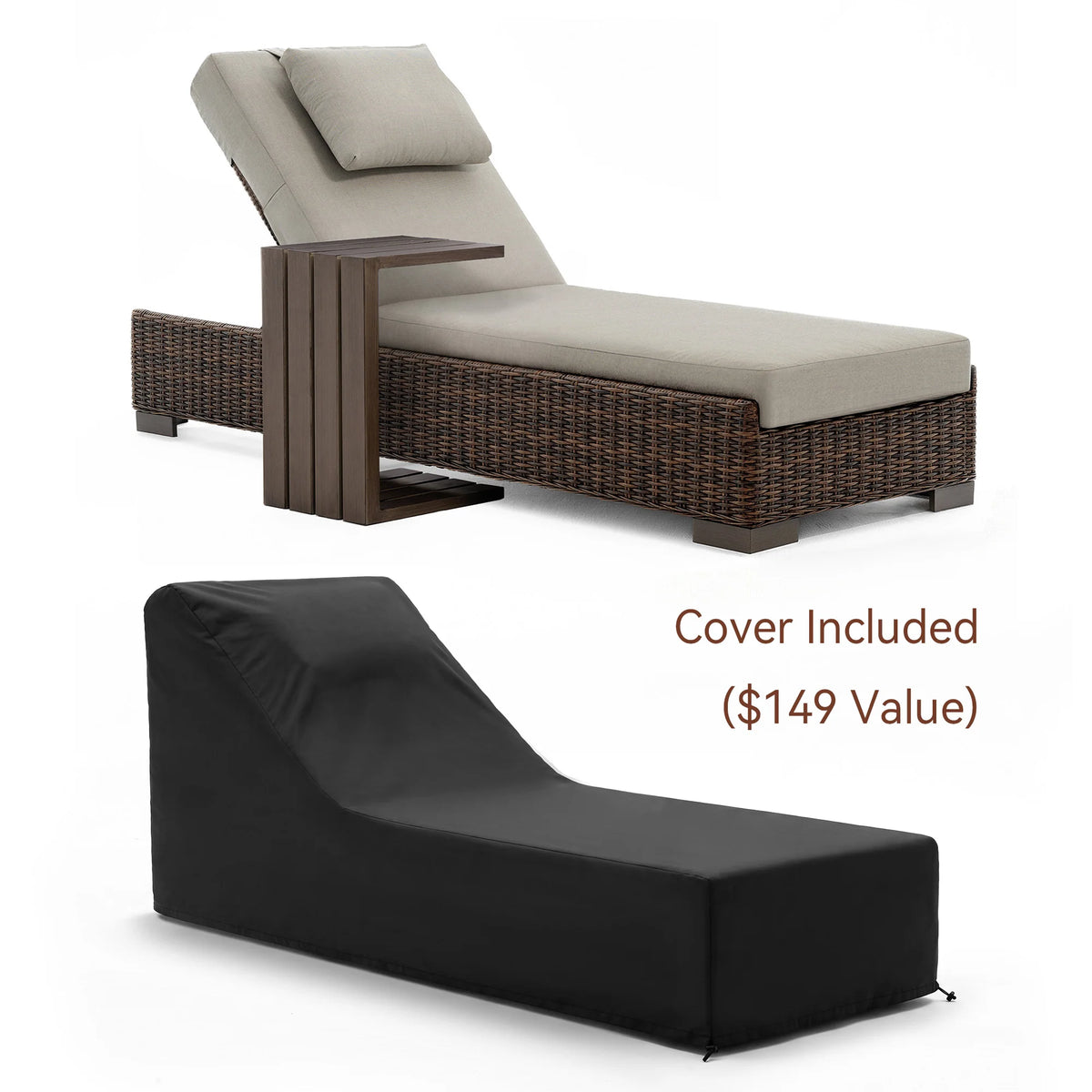 LOAM Outdoor Wicker Adjustable Chaise Lounge with Optional Cover & C-Shaped Side Table