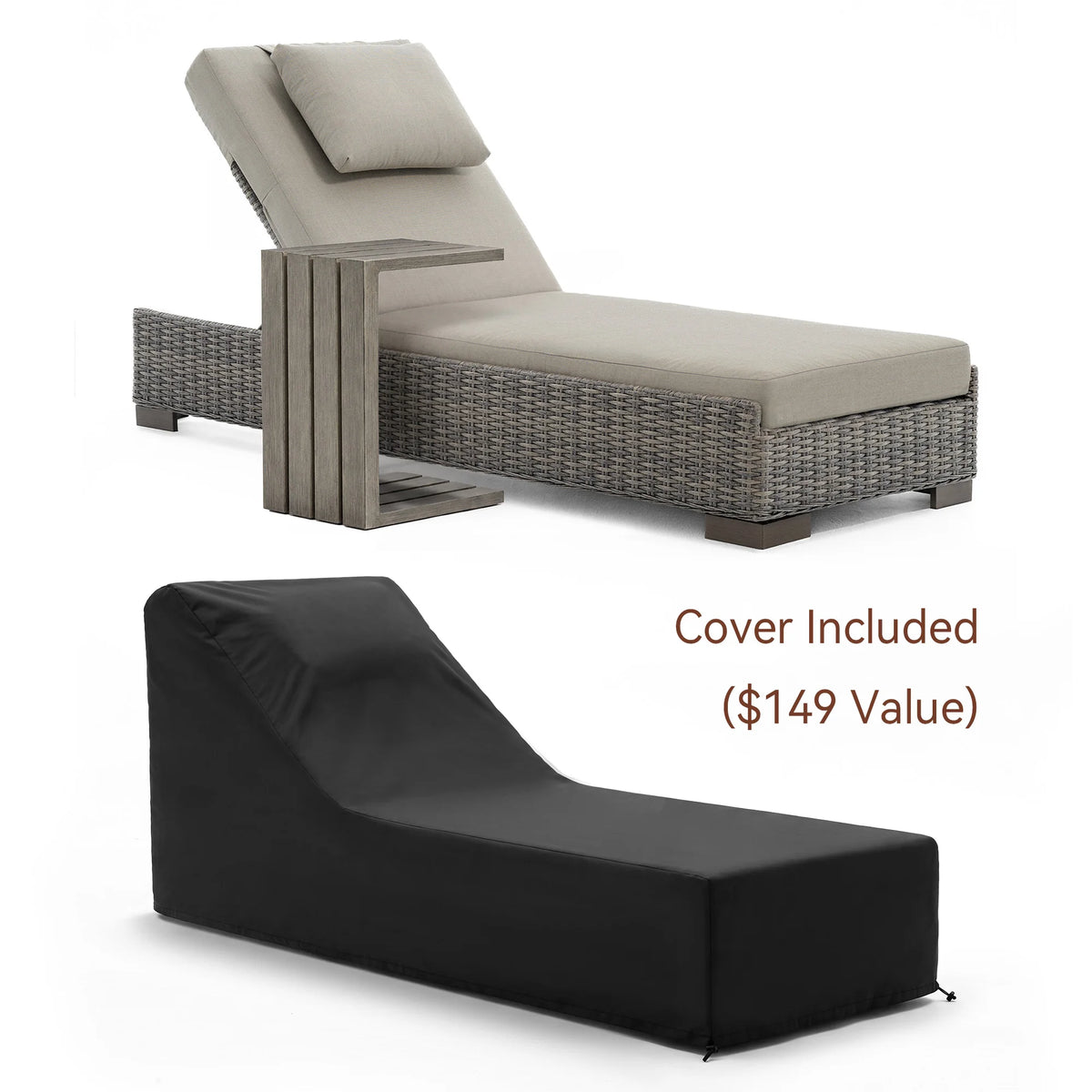 TARN Outdoor Wicker Adjustable Chaise Lounge with Optional Cover & C-Shaped Side Table