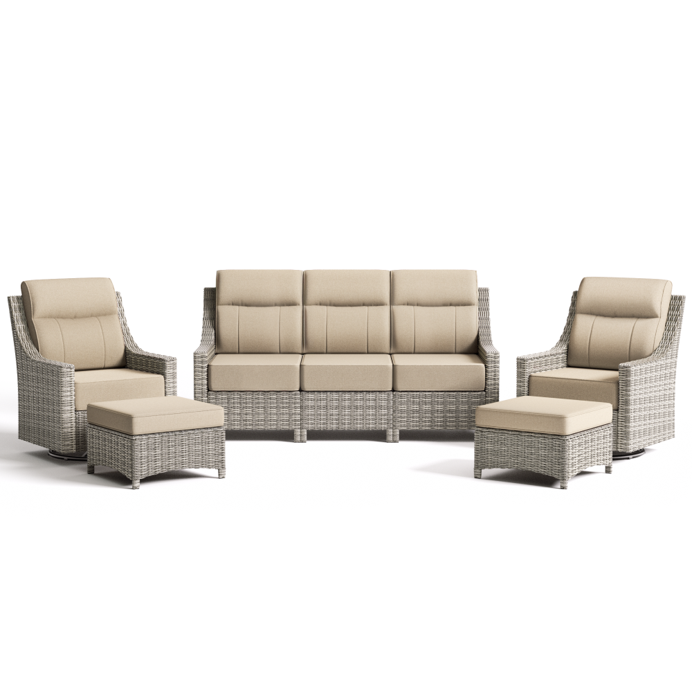 Outdoor furniture set with beige cushions on a white background