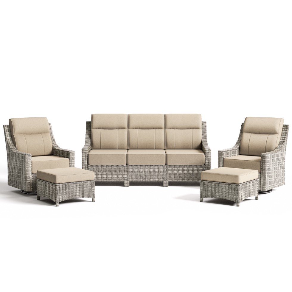 Outdoor furniture set with beige cushions on a white background