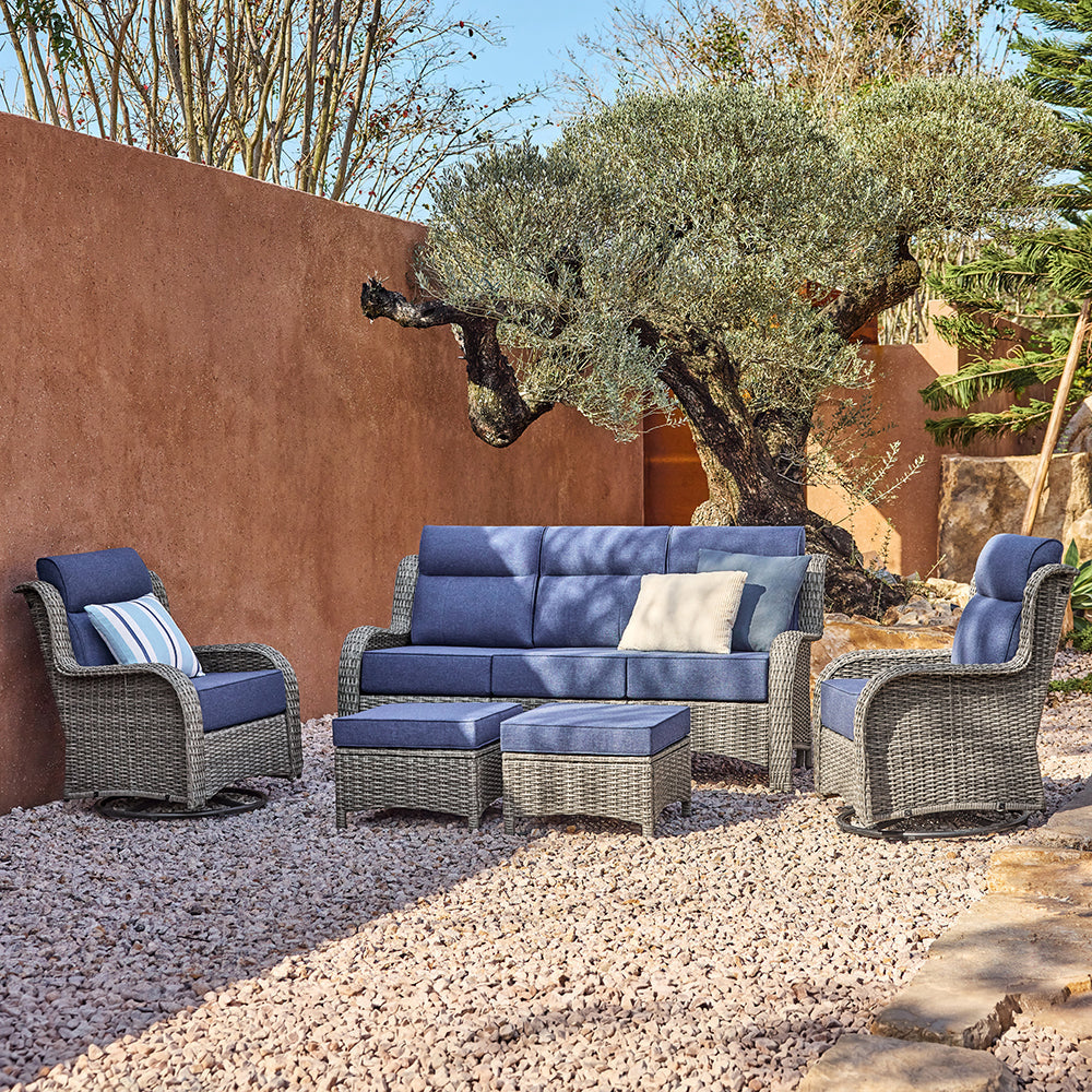 TARN Outdoor 5 Piece Gray Wicker Sofa And Swivel Glider Chairs Set