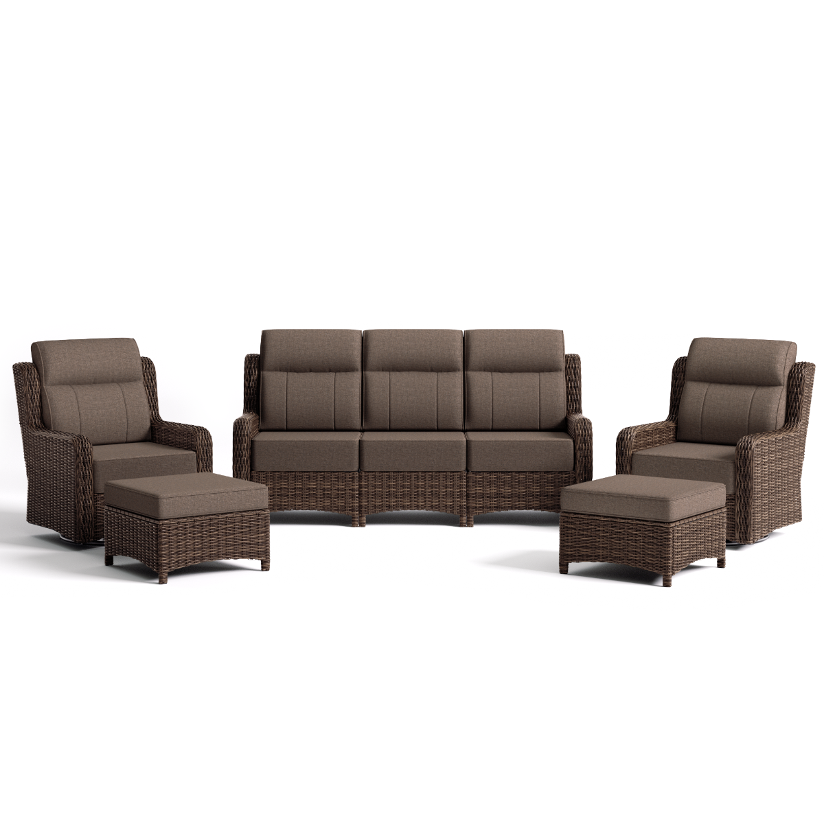 Brown wicker outdoor furniture set with cushions on a white background