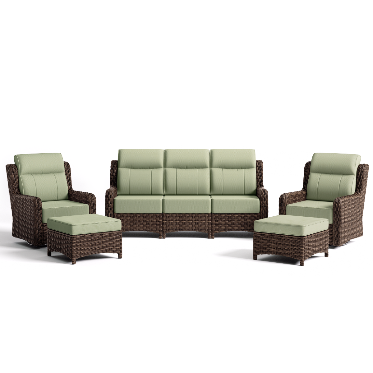 Outdoor furniture set with brown frames and green cushions on a white background