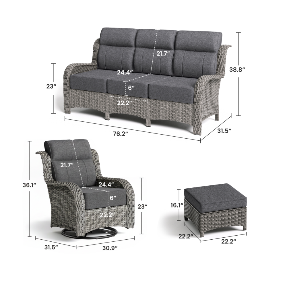 Outdoor furniture set with dimensions labeled on a white background