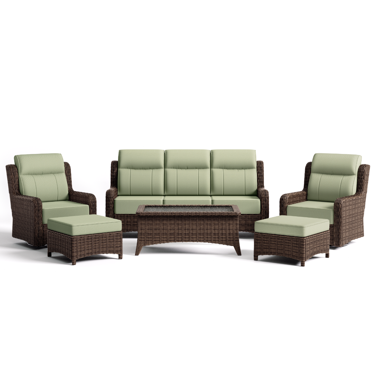 Outdoor furniture set with brown wicker frames and green cushions on a white background