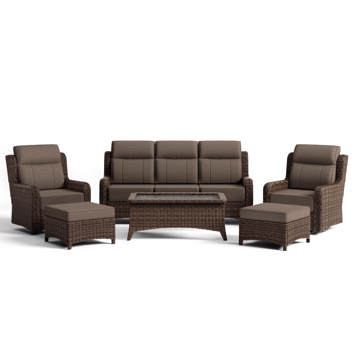 Brown outdoor furniture set with sofa, chairs, and ottomans on a white background