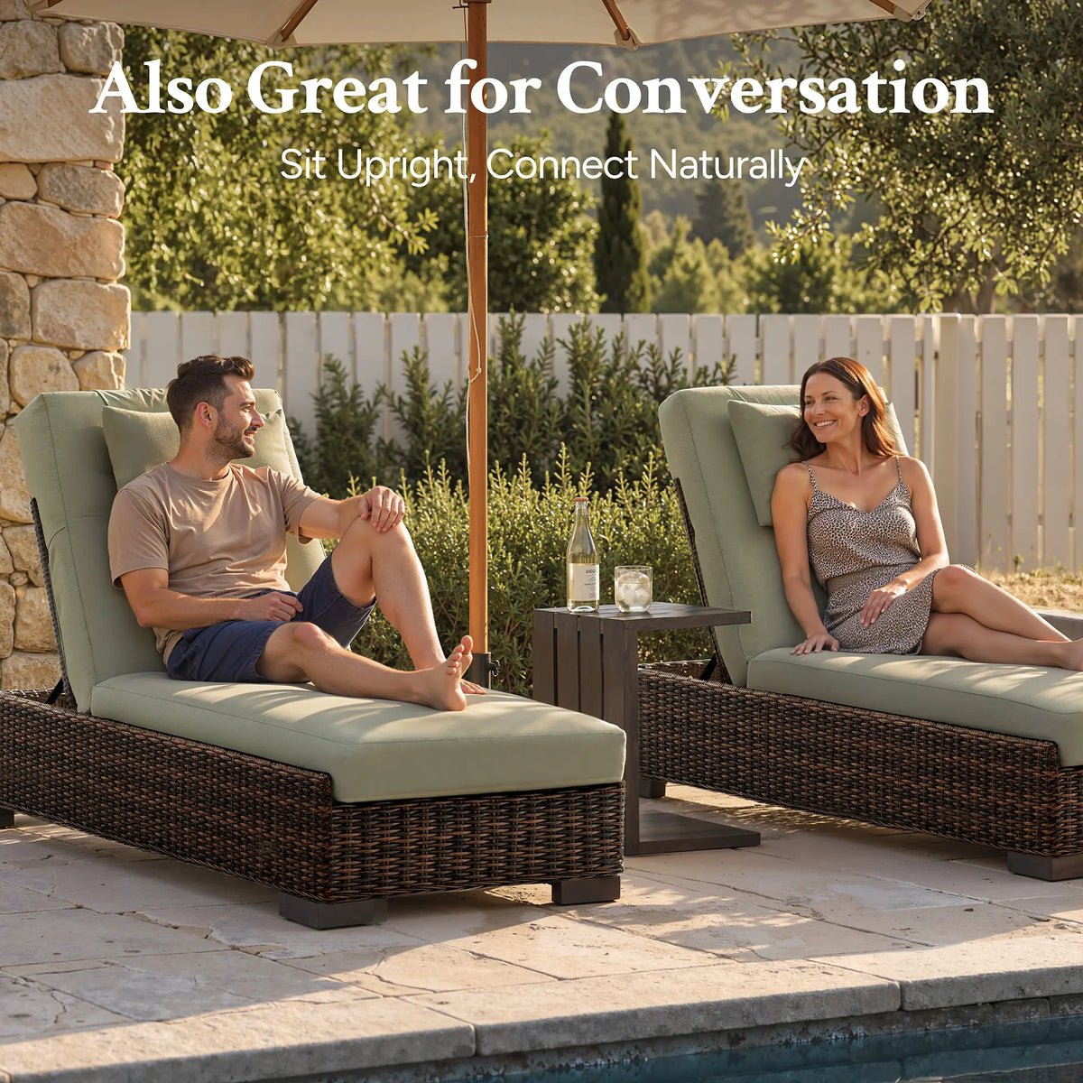 LOAM Outdoor Wicker Adjustable Chaise Lounge with Optional Cover & C-Shaped Side Table