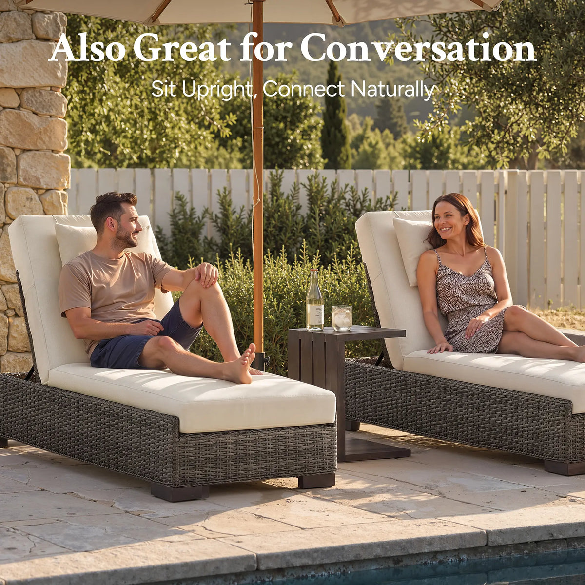 TARN Outdoor Wicker Adjustable Chaise Lounge with Optional Cover & C-Shaped Side Table
