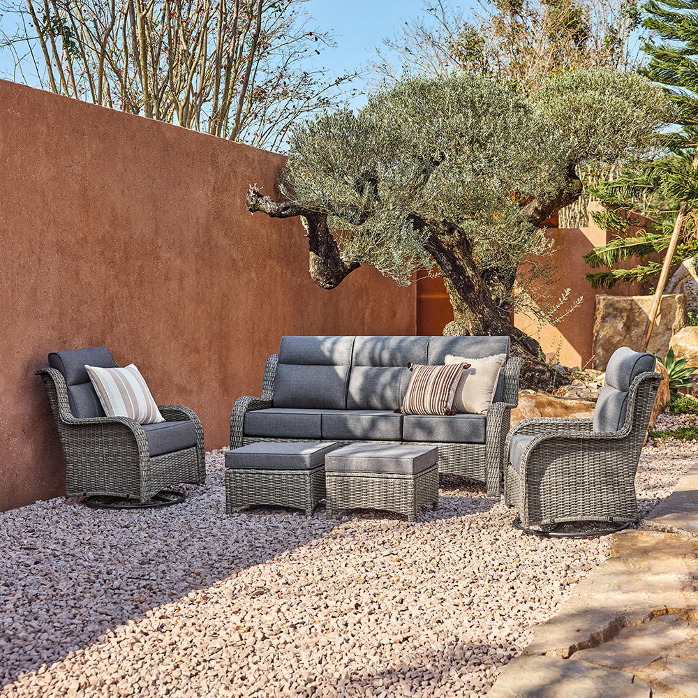 TARN Outdoor 5 Piece Gray Wicker Sofa And Swivel Glider Chairs Set
