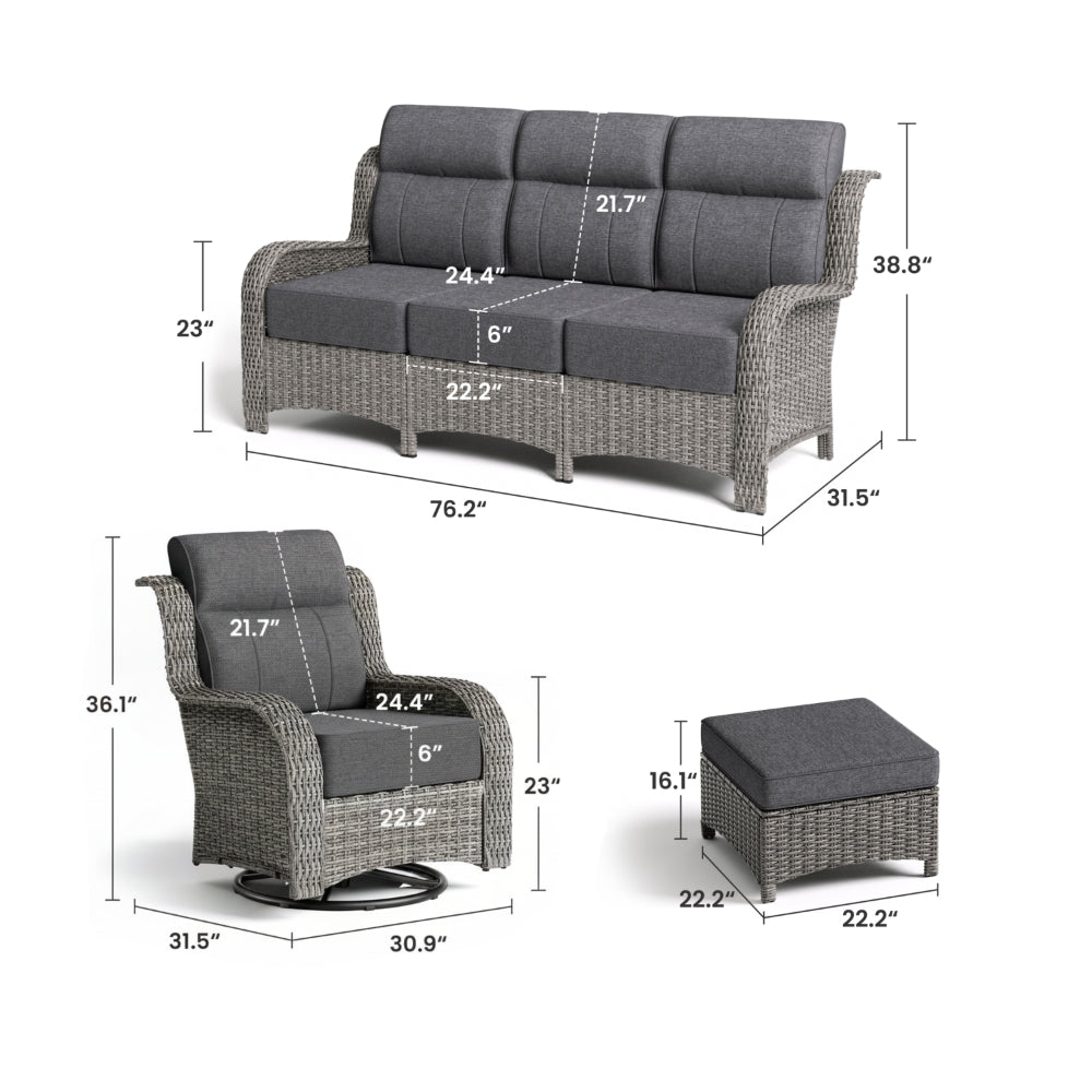 TARN Outdoor 5 Piece Gray Wicker Sofa And Swivel Glider Chairs Set