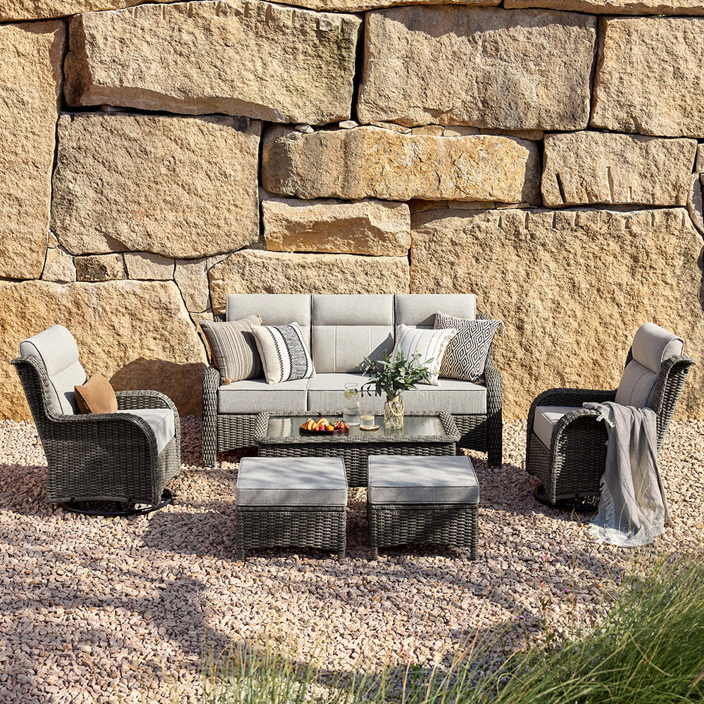 TARN Outdoor 5 Piece Gray Wicker Sofa And Swivel Glider Chairs Set