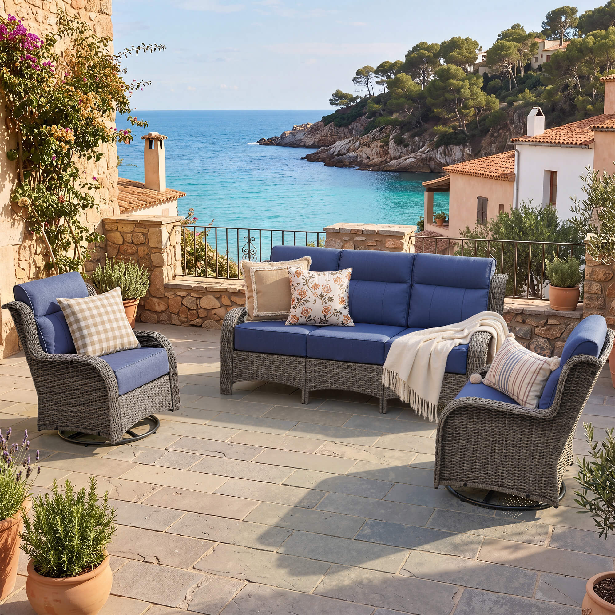 TARN Outdoor Dark Gray Wicker Sofa And Swivel Glider Chair Set
