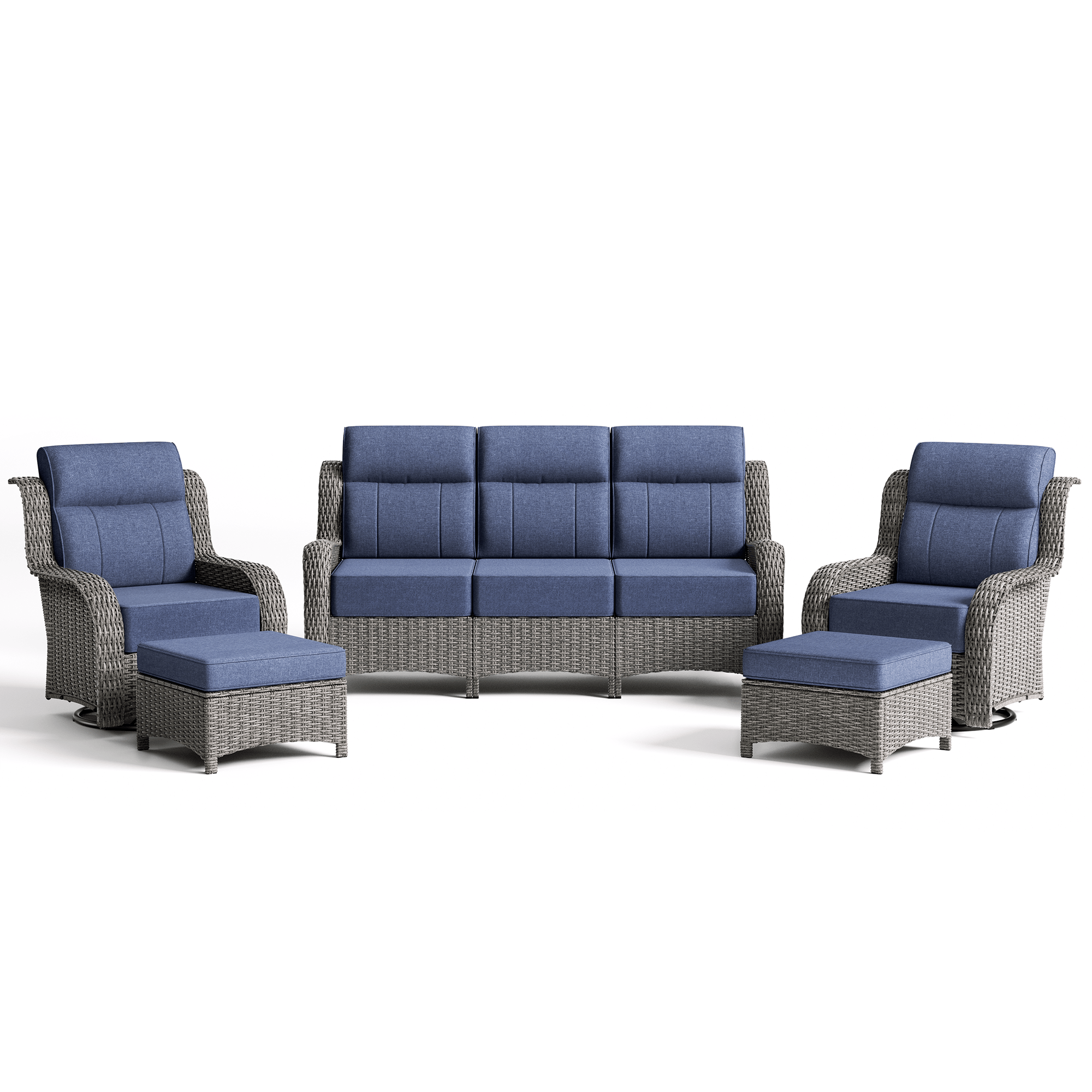 TARN Outdoor Wicker 5-Piece Wicker Sofa & Chairs Set With Ottomans