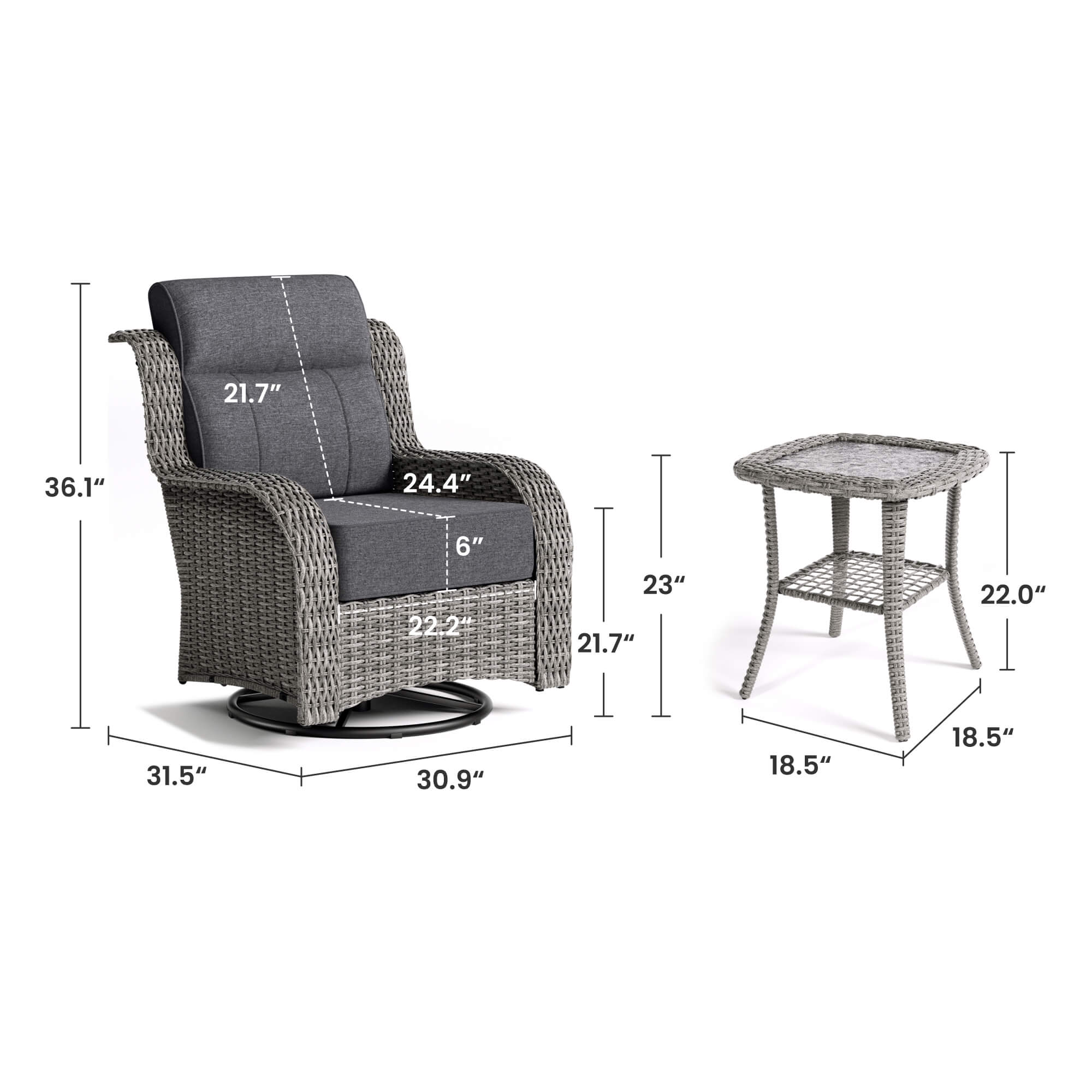 TARN Outdoor Dark Gray Wicker Sofa And Swivel Glider Chair Set