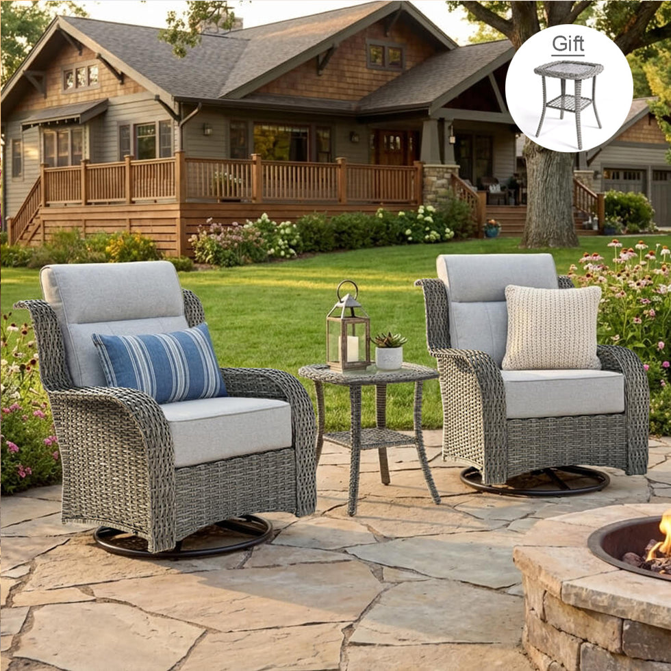 TARN Outdoor Wicker Swivel Glider Chairs with Side Table