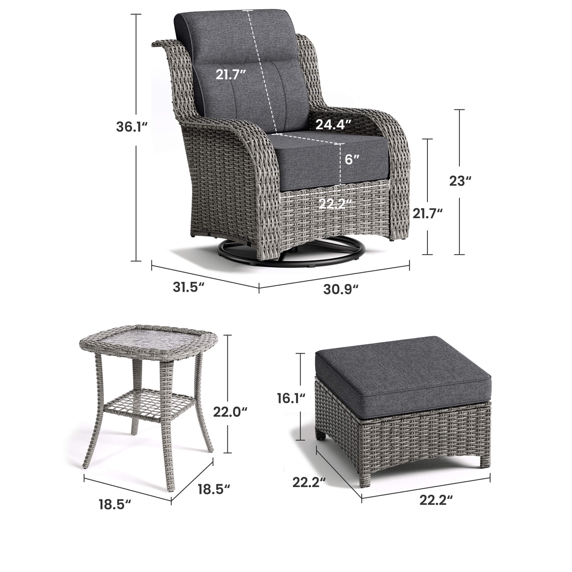 TARN Outdoor Dark Gray Wicker Sofa And Swivel Glider Chair Set