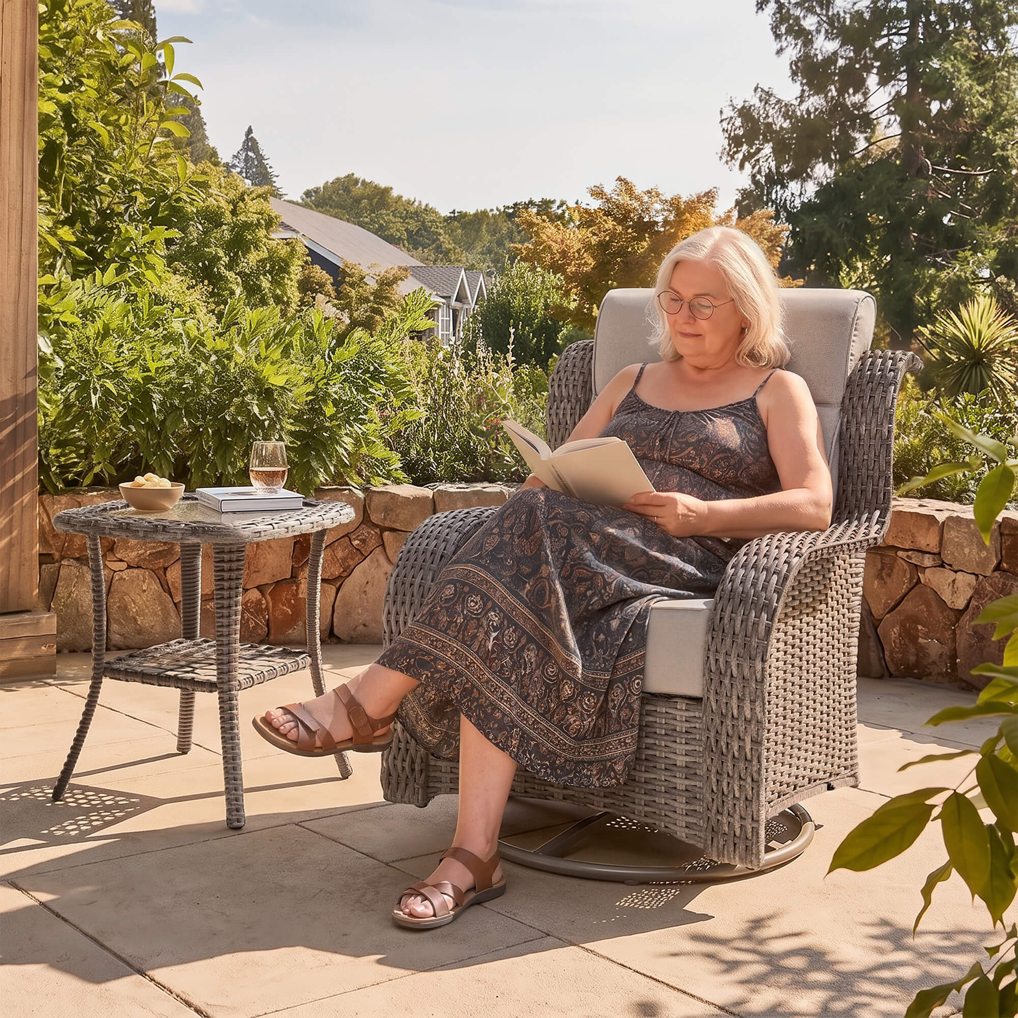 TARN Outdoor Dark Gray Wicker Sofa And Swivel Glider Chair Set