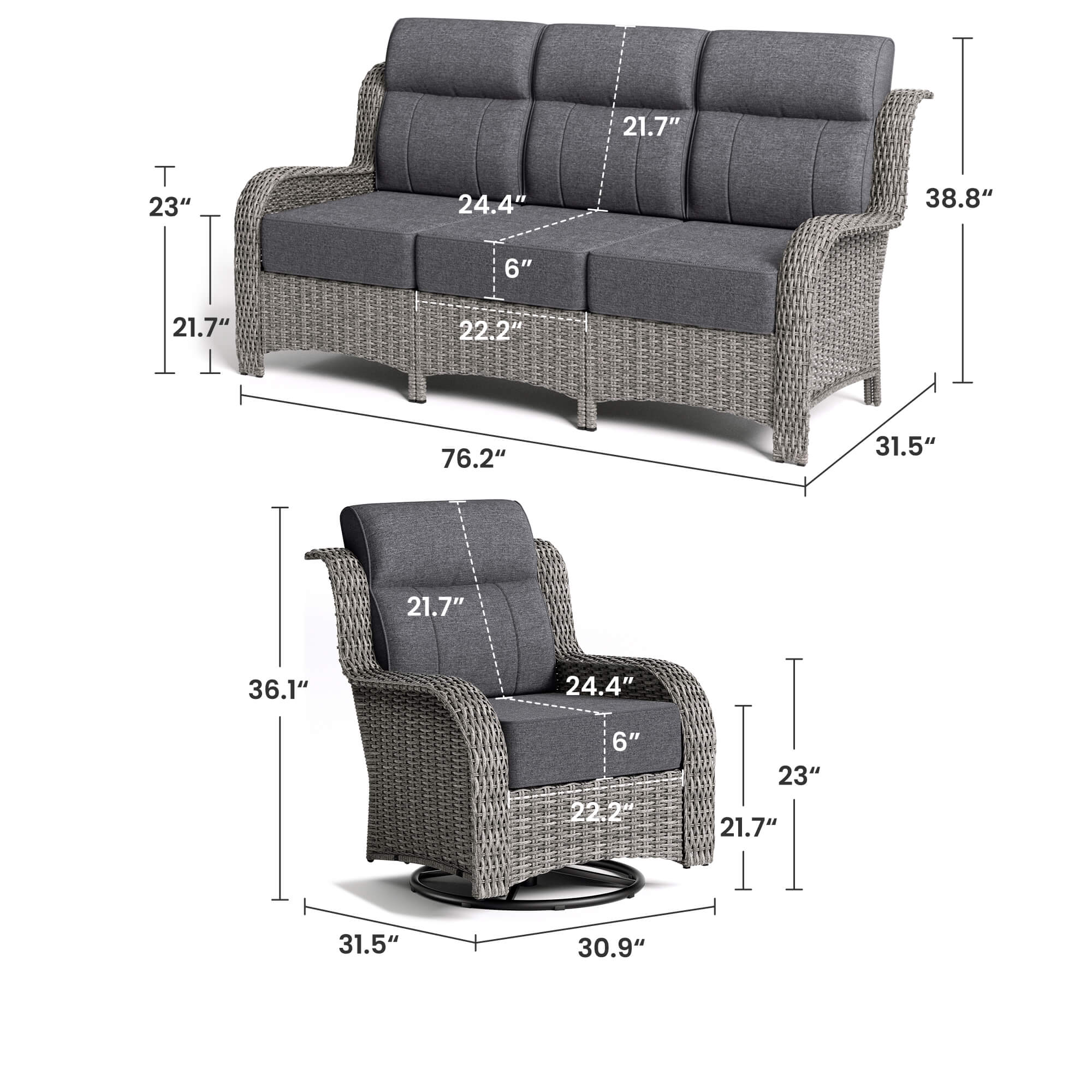 TARN Outdoor 6-Piece Wicker Sofa & Chairs Set With Coffee Table